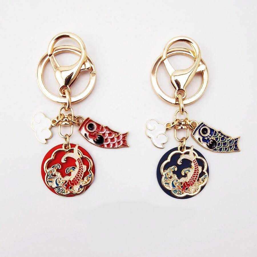 Auspicious Fortune Koi Fish Cloud Keychain New Year Red Chinese Style Blessing Good Luck Keyring Creative Gift Pendant - 1 Cá Koi Đỏ - Xem 1
