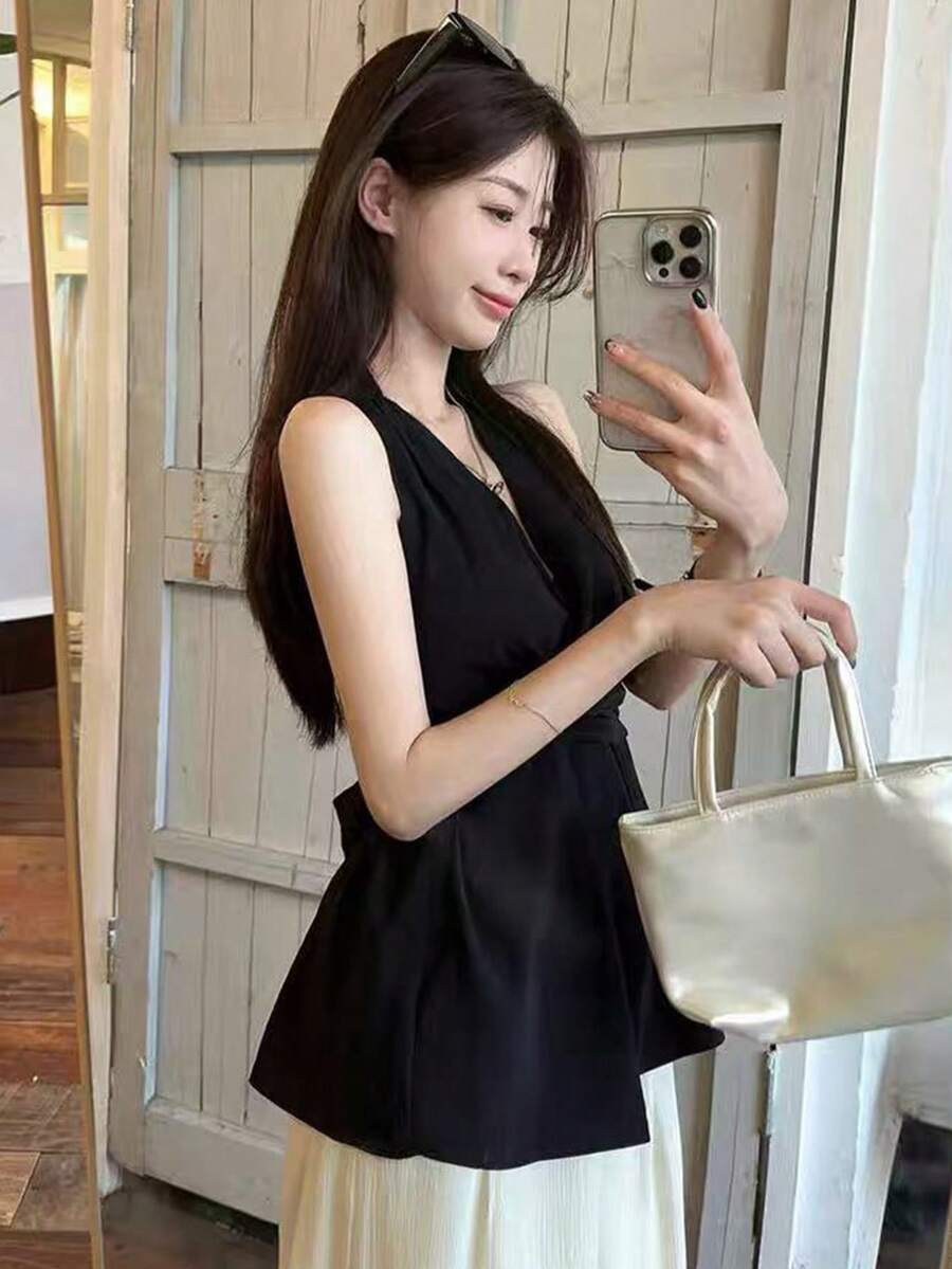 Y6Y 春季新款黑色吊带系腰设计女式上衣 - 黑色 - 查看 1