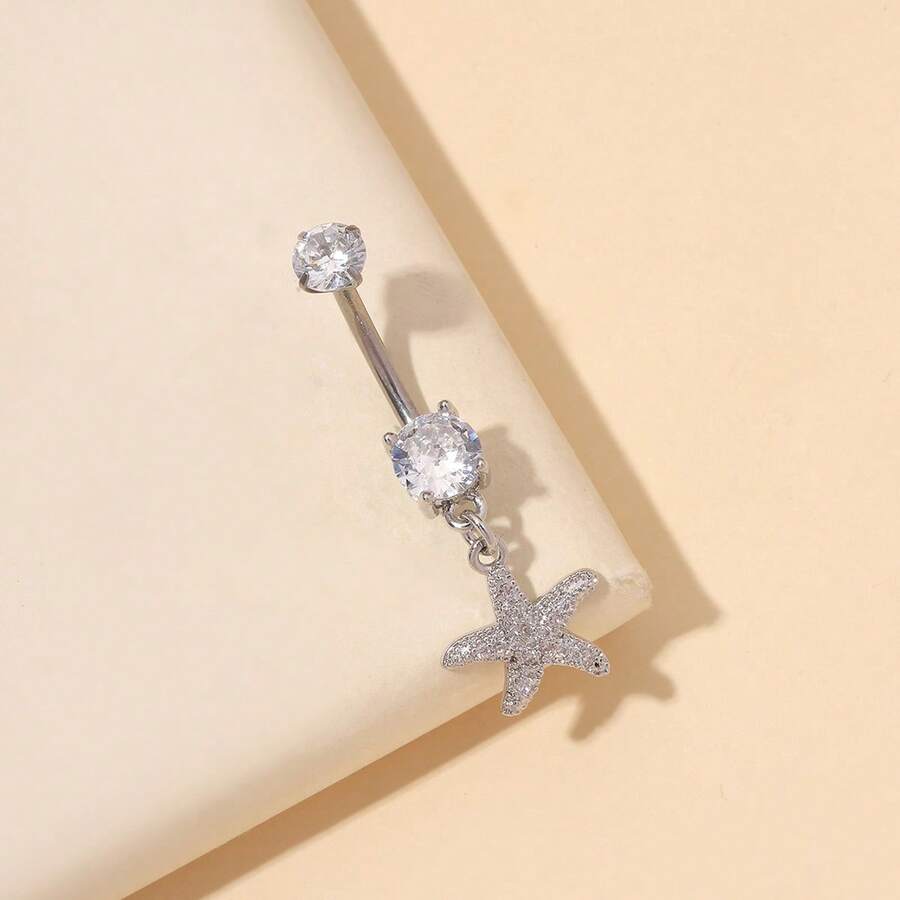 1pc Fashionable Titanium Starfish Navel Ring, Suitable For Daily Wear - Silver - View 1
