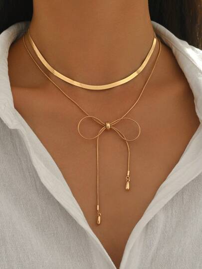 1 Peça Colar Gargantilha de Moda Feminina, Colar de Corrente de Metal em Forma de Cobra com Pingente de Laço Oco, Design Ajustável com Cordão, Uso Multilayer para Uso Diário, Festa, Presente para Namorada/Melhor Amiga