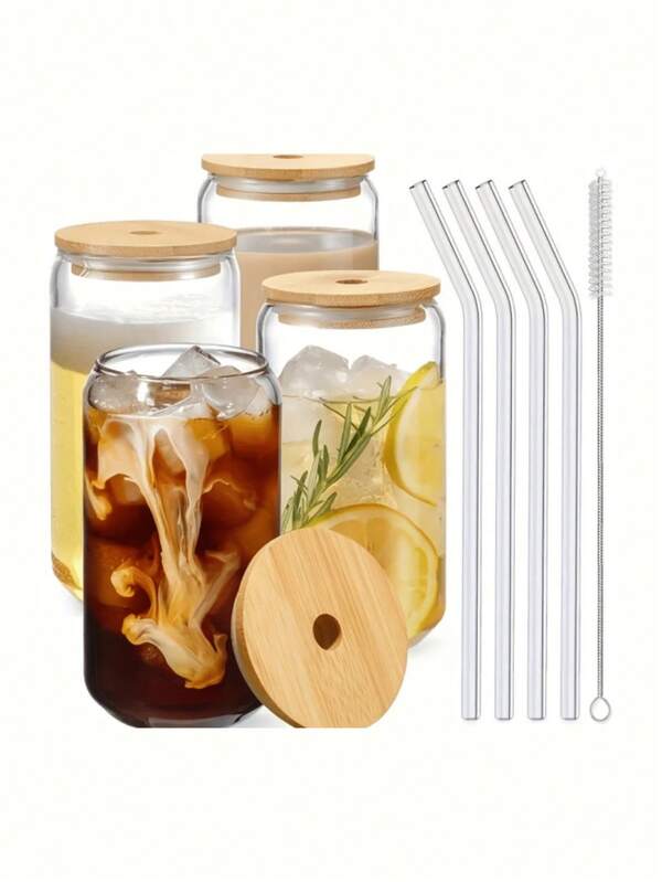 4pcs/Set 500ml Glass Cups, 16oz/500ml Glass Cups With Lids & Straws, Mason Jar Drinking Glasses, Iced Coffee Cups, Glass Cups With Bamboo Lids, Cute Cups For Beer, Reusable Straws And Straw Cleaner, Suitable For Restaurant/Hotel/Commercial Use