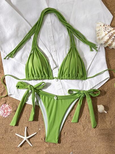 Bikinx Women's Halter Tie Back Bikini Set With Knot Detail And Tie Side Bottoms High Stretch Fabric Casual Boho Swimwear