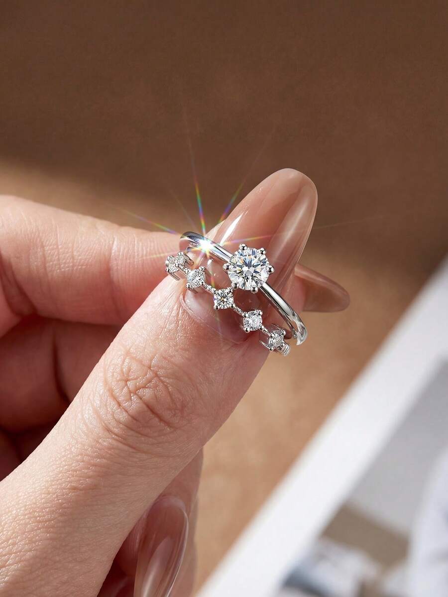 1 Set Luxury Zirconia Stone Rings, 925 Sterling Silver Material, Elegant & Luxurious, Suitable For Daily Dates, Party Attendance, Holiday & Birthday Gifts - Exquisite  Ring - View 1