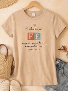 Women's Gospel Faith T-Shirt 100% Cotton – "I Will Walk By Faith" Christian Verse, Casual Evangelical Fashion - 米色 - 查看 2
