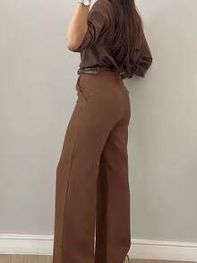 Women's Tailored Wide Leg Pants With Button And Zipper - Coffee Brown - View 4