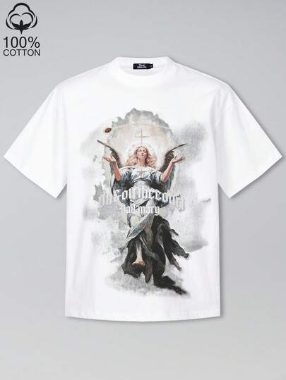 Tiny Spark 白色T恤，复古图案印花，背面印有圣母玛利亚图案