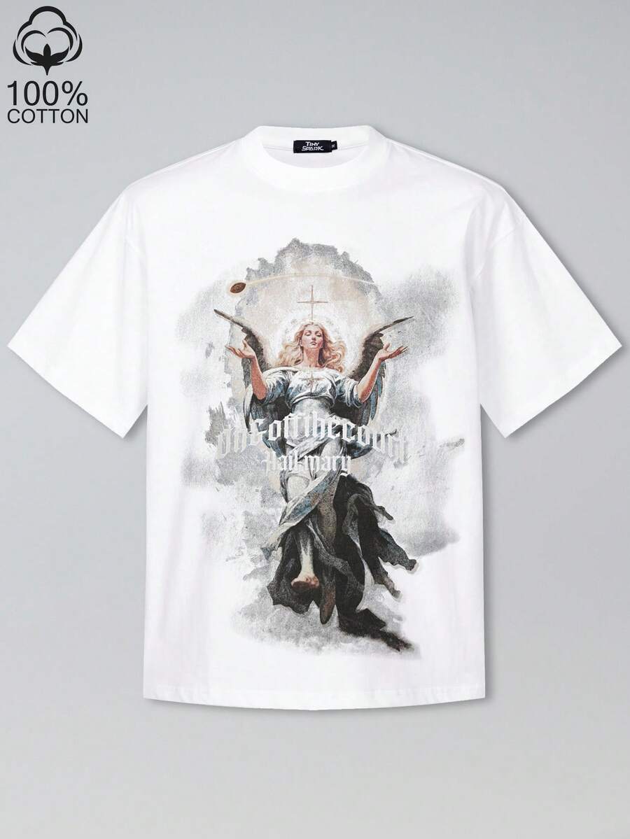 Tiny Spark White Tee Shirt Vintage Graphic Retro Print Virgin Mary Back Print - White - View 1