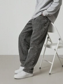 Men's Baggy Jeans, Stonewashed, Streetwear Vintage Style, Modern Casual Fashion - 深色牛仔褲 - 查看 1