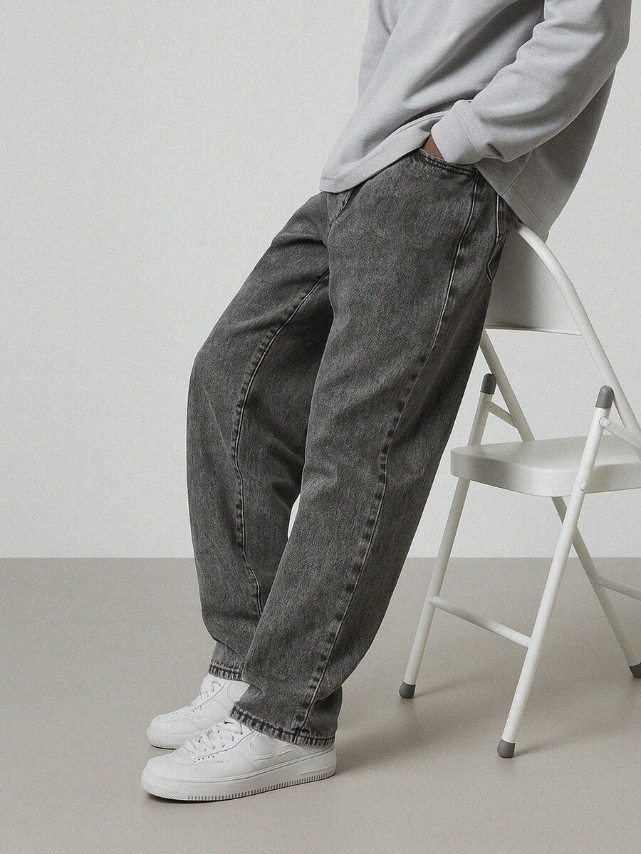 Men's Baggy Jeans, Stonewashed, Streetwear Vintage Style, Modern Casual Fashion - 深色牛仔褲 - 查看 1