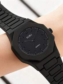 Unisex Quartz Watch, Black Silicone Strap, Sports Casual Style, Round Dial, Creative Design, Suitable For Men And Women, Ideal For Daily Wear, Birthday Gifts, Parties And Holiday Gatherings, Also A Perfect Gift For Friends And Family Or Treating Yourself (No Packaging Box) - 黑色 - 查看 7