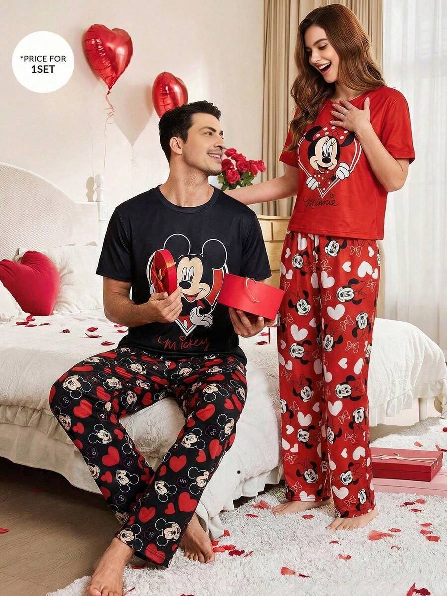 Disney Bộ đồ ngủ ngắn tay 2 món dễ thương dành cho nữ nhân dịp Lễ Tình nhân, đồ mặc nhà mềm mại và ngọt ngào. - Đỏ - Xem 1