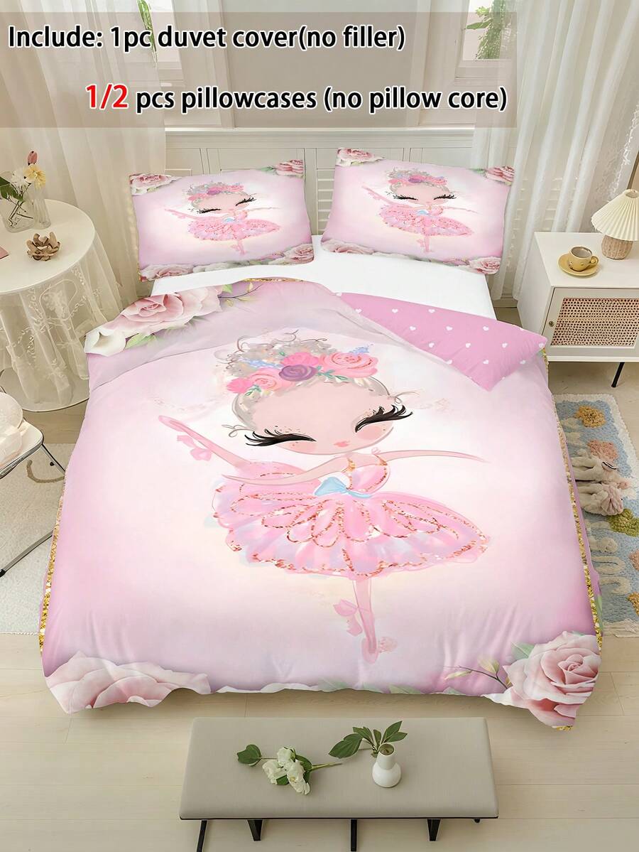 2/3 piezas Juego de ropa de cama textil para el hogar con estampado de niña bailarina rosa, hecho de material de poliéster, edredón sobrecama de impresión grande y reversible, suave, regalo para niños y adolescentes, niños y niñas, decoración de habitación para todas las estaciones con cremallera - Multicolor - Ver 1