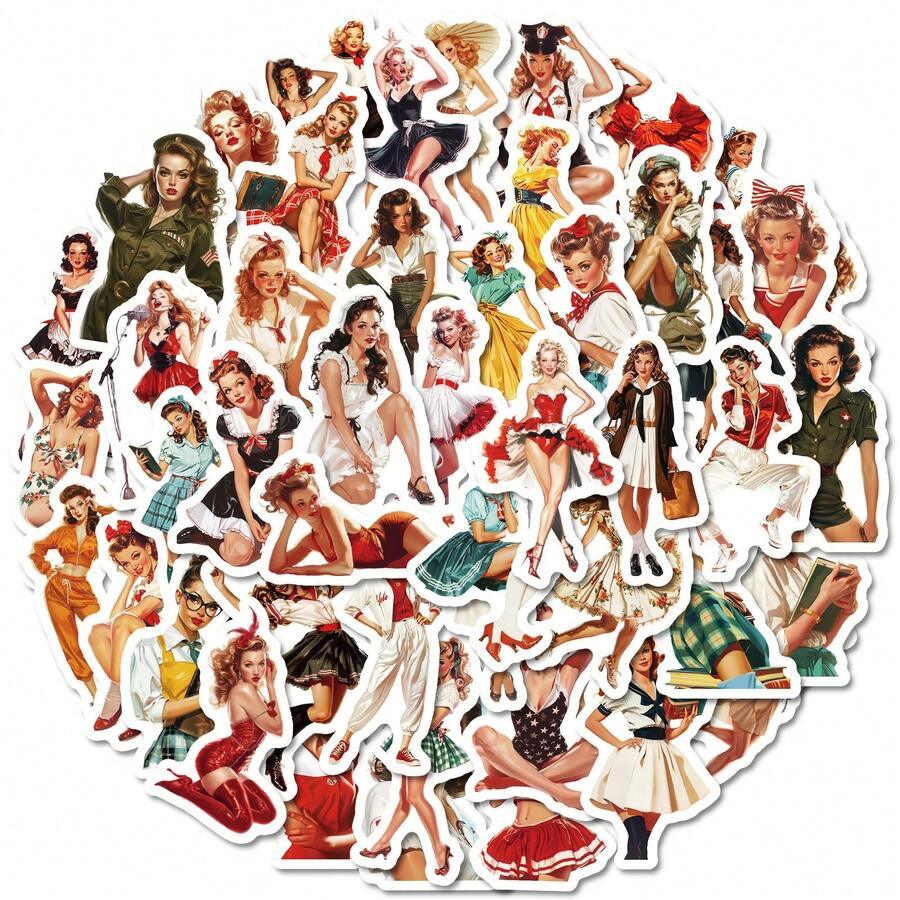 50 miếng dán hình cô gái Pin-Up cổ điển, decal thẩm mỹ retro dành cho người lớn, lý tưởng để cá nhân hóa máy tính xách tay, bình nước, ván trượt, sổ tay và đồ thủ công DIY, trang trí hoài cổ cho phòng ngủ, ký túc xá và không gian văn phòng, miếng dán tự dính độc đáo để tùy chỉnh túi xách, ốp điện thoại và album ảnh, bộ sưu tập thú vị dành cho những người đam mê nghệ thuật Pin-Up và những người yêu thích phong cách retro. - Nhiều màu - Xem 1