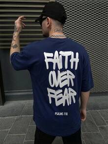 Men's Casual Short Sleeve T-Shirt, Letter Print - Navy Blue - View 1