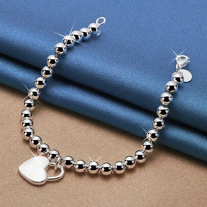 925 Silver Plated Lucky Heart Lock Charm Bracelet, 6mm Bead Chain, Minimalist Versatile Accessory, Perfect Gift For Valentine's Day, Wedding, Music Festival