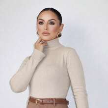 Women's High Neck Sweater In Elastane Turtleneck Knit - Pink - View 3
