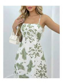 Women's Long Dress With Leaf Print, Crossed Straps, Casual, Summer, Tropical - 綠色 - 查看 3