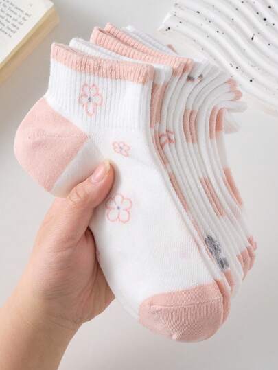 5 pares de calcetines de tobillo para mujer con diseño de corazones y flores en color rosa, transpirables y antideslizantes, aptos para primavera y verano