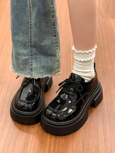 Chunky Heel Thick Sole Black Leather Oxfords, Retro British Style Lace-Up Casual Loafers For Women