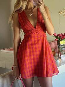Đầm nữ không tay cổ chữ V kẻ caro dáng chữ A, đầm đi nghỉ mát thường ngày, đầm thanh lịch mùa xuân/hè. - Nhiều màu - Xem 3