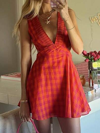 Vestido de línea A con cuello en V sin mangas a cuadros para vacaciones, vestido casual diario de vacaciones, elegante para primavera/verano
