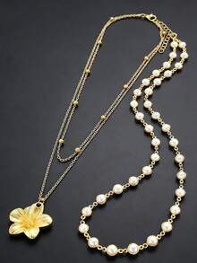 2pcs Fashionable Minimalist Flower Pendant Faux Pearl Y-Necklace, Layered Necklace For Women, Suitable For Vacation, Date, Party, Festival, Birthday, Daily Wear - Vàng - Xem 9