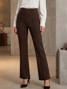 Women's Elegant Black Flare Leg Long Pants With Medium Stretch And Zipper Detail - Brown - View 1