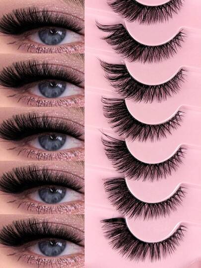 7对DD卷翘蓬松俄式假睫毛，3D浓密貂毛假睫毛，猫眼假睫毛，凌乱蓬松假睫毛，加长狐狸眼提拉假睫毛套装，整条假睫毛，可拉长加厚睫毛尖端，化妆