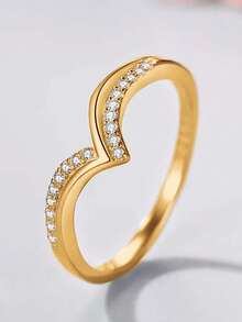 1pc 925 Sterling Silver Smooth V-Shaped Ring, Suitable For Women, Elegant Crystal Earrings, Exquisite Jewelry - Gold - View 17