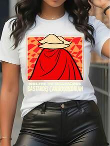 Women's Casual Crew Neck Short-Sleeve T-Shirt - Soft Breathable Cotton Blend Fabric, Regular Fit, Graphic Print Of Mandalorian-Inspired Character (Red Cape & Wide-Brimmed Hat) With Latin Phrase,  Pop Culture Design, Comfortable For Summer Daily Wear, Outings, Hangouts, Versatile To Match Jeans, Leather Pants Or Leggings, Easy To Style For Casual Looks - 白色 - 查看 1