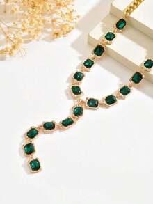 1pc Vintage Luxury Green Square Rhinestone Necklace, Unique Retro Elegant Y-Shaped Clavicle Chain, Exquisite High-End Regal Style Rhinestone Square Choker Necklace, Suitable For Women's Daily, Banquet, Party Wear - 金色 - 查看 3