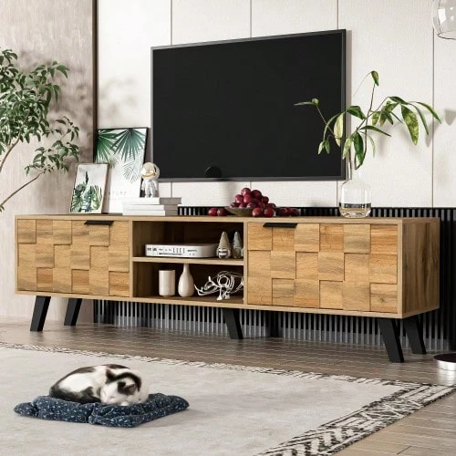 Modern TV Cabinet With 2 Doors And 2 Open Compartments – 160.5 X 35.5 X 45 Cm - Wood - View 1