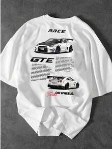 Men's Race T-Shirt With Front And Back Print, 100% Cotton, Spring/Summer Fashion Blouse - White - View 1