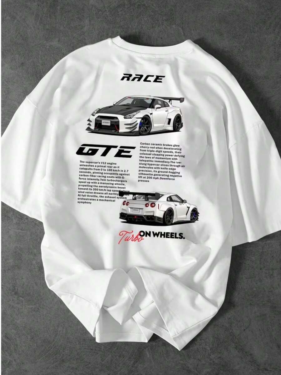 Men's Race T-Shirt With Front And Back Print, 100% Cotton, Spring/Summer Fashion Blouse - White - View 1