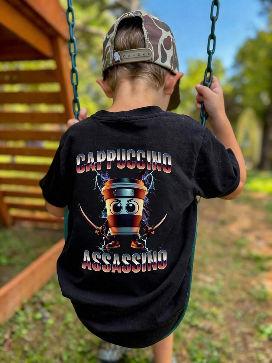 1pc Young Boy Funny Cartoon Coffee Cup & Letter Print Graphic Black Short Sleeve T-Shirt, Street Cool Style "CAPPUCCINO ASSASSINO" Summer Casual Tee - Black - View 1