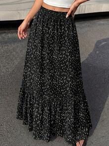 Women Floral Boho Elastic High Waist Flowy Tiered A-Line Maxi Skirt Spring Summer Holiday Beach Vacation Long Skirts With Pockets - 黑色 - 查看 1