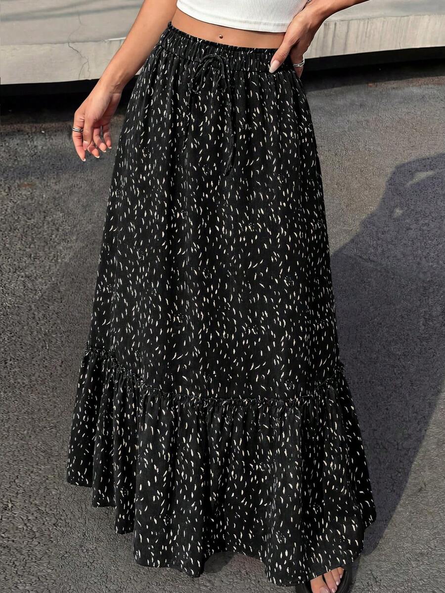 Women Floral Boho Elastic High Waist Flowy Tiered A-Line Maxi Skirt Spring Summer Holiday Beach Vacation Long Skirts With Pockets - 黑色 - 查看 1