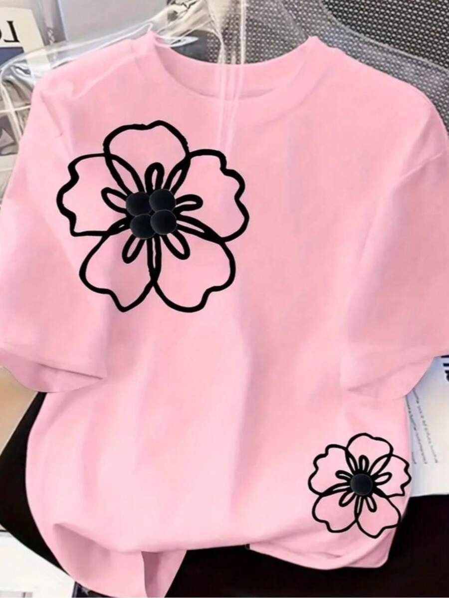 Women's Floral T-Shirt, 100% Cotton, High-Quality Printed Shirt - Rosa Pálido - Ver 1