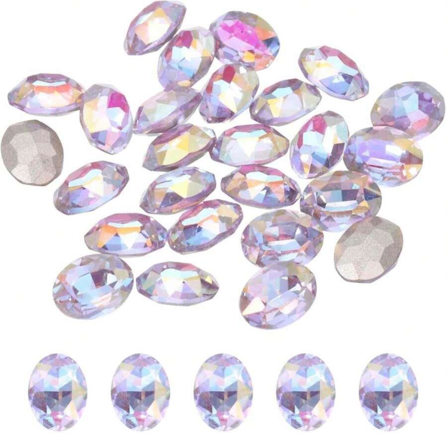 MECCANIXITY 24Pcs Oval Pointed Back Rhinestone, 6 X 8mm Oval Faceted Glass Rhinestone Gems Pointed Back Faceted Glass Beads For Nail DIY Jewelry Making Crafts Shoes Crystal, AB Crystal Purple - ColorT - 查看 1
