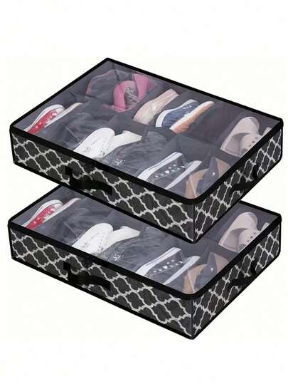 Sturdy Under Bed Shoe Storage Organizer, Set Of1/ 2, Fits Total 12/24 Pairs, Underbed Shoes Closet Storage Solution With Clear Window, Breathable, 29.3"X23.6"X5.9", Under-Bed Storage
