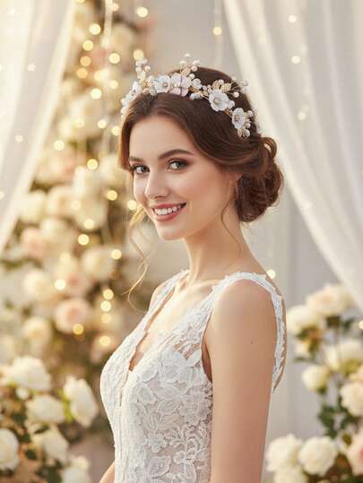 1PC Handmade White Floral Wedding Headband For Women, Elegant Faux Pearl & Crystal Leaf Tiara, Chic Bridal Hair Hoop For Party & Photography, Fairy Style Hair Accessories