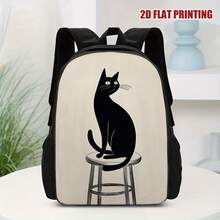 1 Stylish Black Cat Stool Print Backpack - Lightweight Everyday Backpack, Adjustable And Detachable Shoulder Straps, Zipper Closure, Reinforced Handle, Suitable For School, Travel, Commuting, Multi-Functional Design, Durable Construction, 2D Flat Pattern, A Must-Have For  Enthusiasts - 彩色 - 查看 1