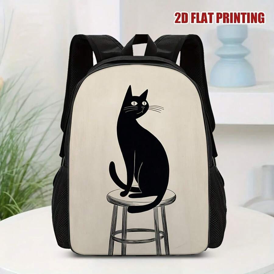 1 Stylish Black Cat Stool Print Backpack - Lightweight Everyday Backpack, Adjustable And Detachable Shoulder Straps, Zipper Closure, Reinforced Handle, Suitable For School, Travel, Commuting, Multi-Functional Design, Durable Construction, 2D Flat Pattern, A Must-Have For Enthusiasts - 彩色 - 查看 1