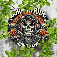 1 tấm tranh treo tường kim loại hình xương người xe máy "Born To Ride" - Tấm biển sắt tròn 8x8 inch, trang trí theo phong cách phi công cổ điển cho quán bar, quán cà phê, câu lạc bộ, nhà bếp, xe máy, thích hợp để trang trí phòng, có lỗ khoan sẵn như hình minh họa. - Nhiều màu - Xem 6