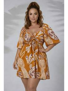 MeimiAmores Meimi Floral Plus Size Short Dress, Loose Fitted Waist, Short Sleeves, Casual Style, Sizes G1 G2, Spring/Summer, Lightweight, Boho Style - Màu Mù tạt vàng - Xem 1