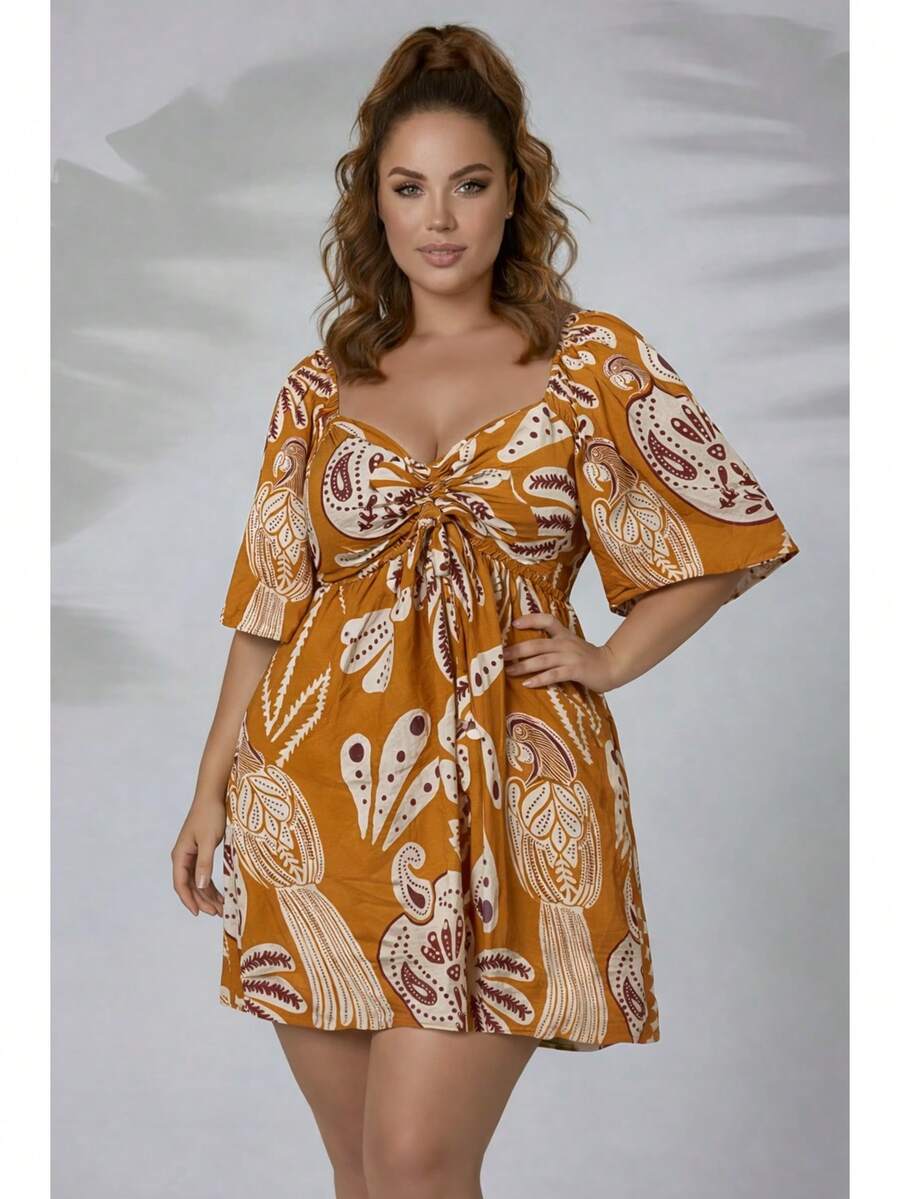 MeimiAmores Meimi Floral Plus Size Short Dress, Loose Fitted Waist, Short Sleeves, Casual Style, Sizes G1 G2, Spring/Summer, Lightweight, Boho Style - Màu Mù tạt vàng - Xem 1