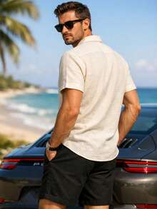 Short-Sleeved, Slim-Fit Casual Shirt With Italian Collar - 米色 - 查看 2