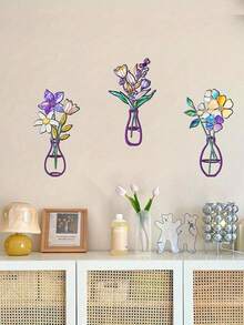 2D Plat, Decor de perete floral din lemn 3 buc, Artă florală Decorațiune florală, Aranjamente florale de perete Potrivite pentru camera de zi, baie, bucătărie, interior și exterior, Flori vibrante de primăvară Decor de cameră Acasă - Multicolor - Vizualizare 1