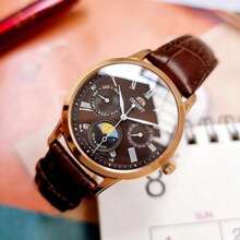 Orient 女士奢华玫瑰金腕表，带月相显示、多功能日期子表盘、经典罗马数字时标、深棕色皮革表带，优雅商务及婚礼等正式场合腕表 - 黑色 - 查看 7