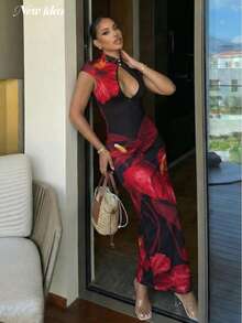 Đầm maxi xẻ tà kiểu sườn xám in họa tiết hoa lan đỏ dành cho nữ, đầm dự tiệc thanh lịch, gợi cảm, sang trọng, đầm dự tiệc cho nữ, đầm maxi ôm sát cơ thể. - màu đen - Xem 5